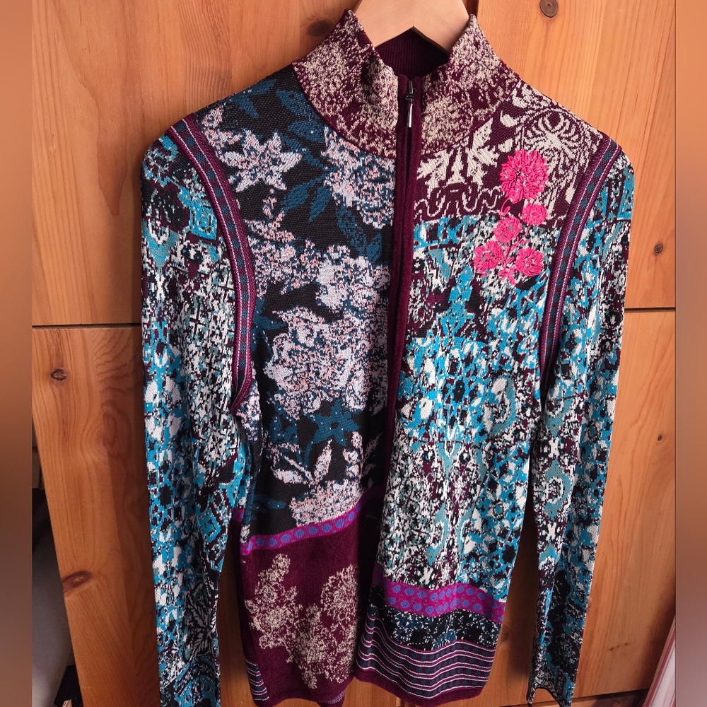 Per Se By Carlisle Womens Purple & Green Zip Front Cardigan Size Medium